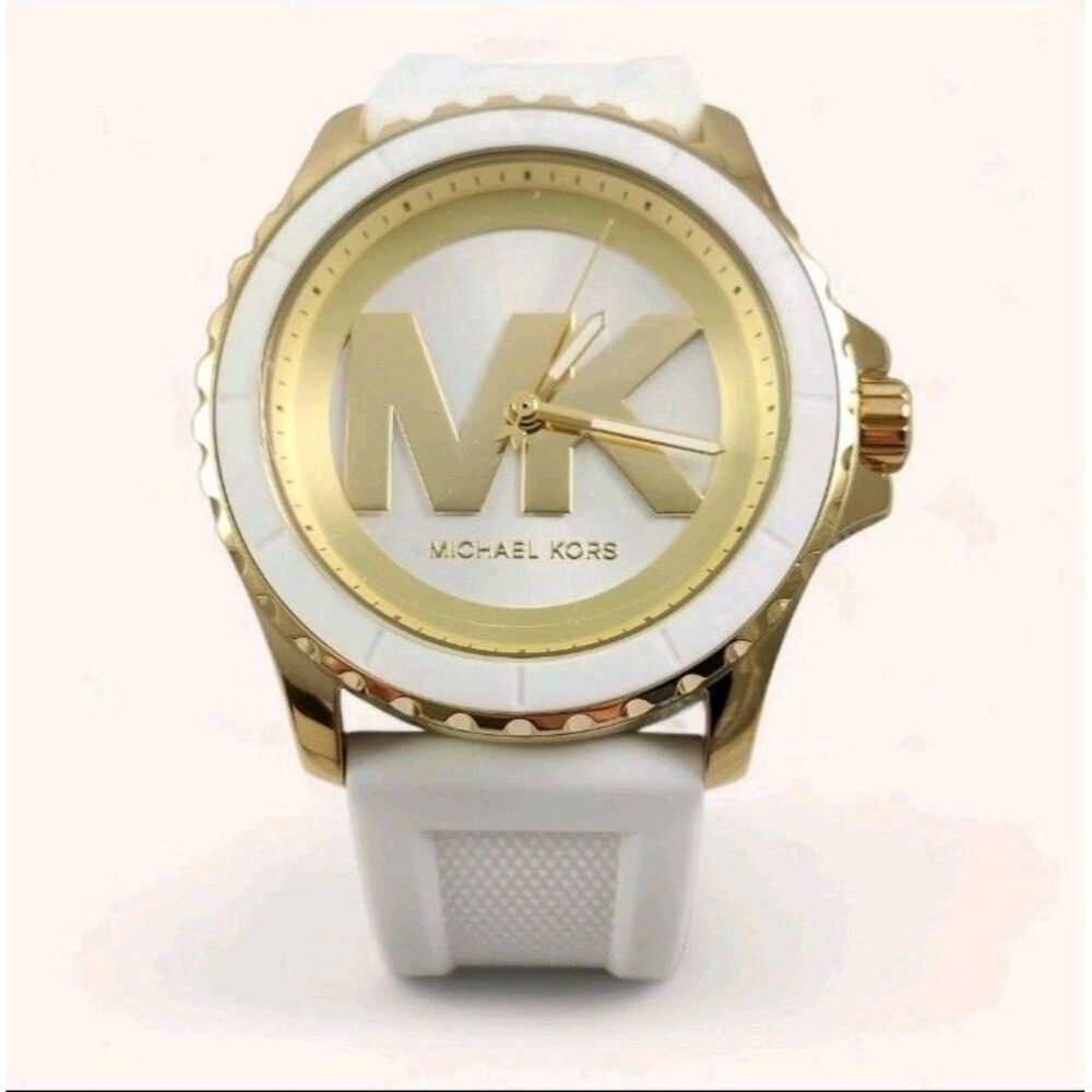 MichaelβKors Womens Everest Gold Casual Watch MK Logo Dial White Silicone Band